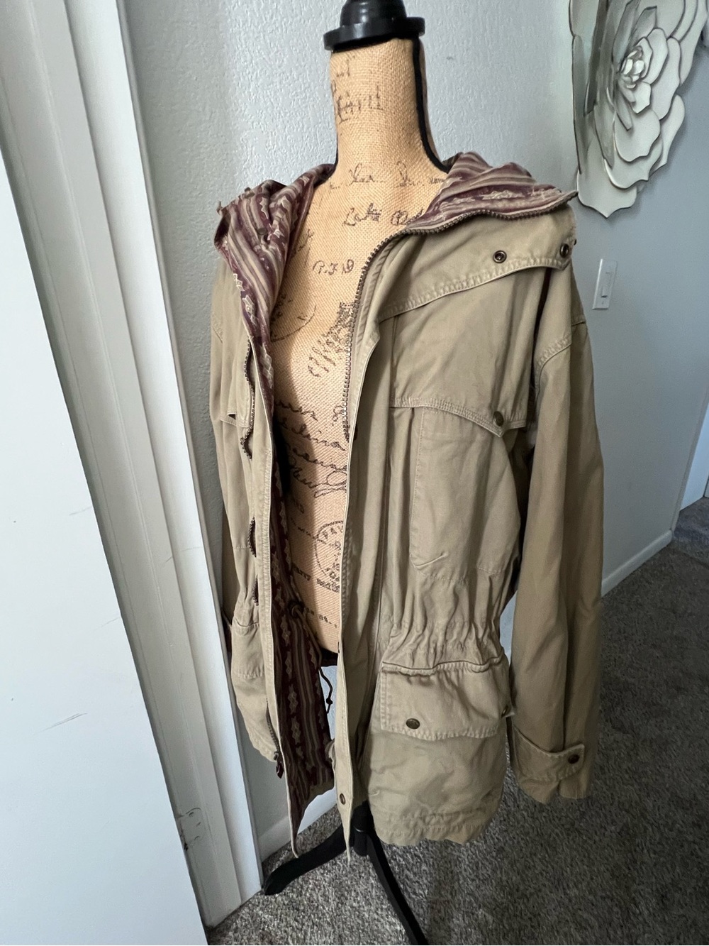 Woolrich Tan Hooded Zip Southwestern Aztec Lined Chore Utility Coat Jacket - Picture 9 of 11